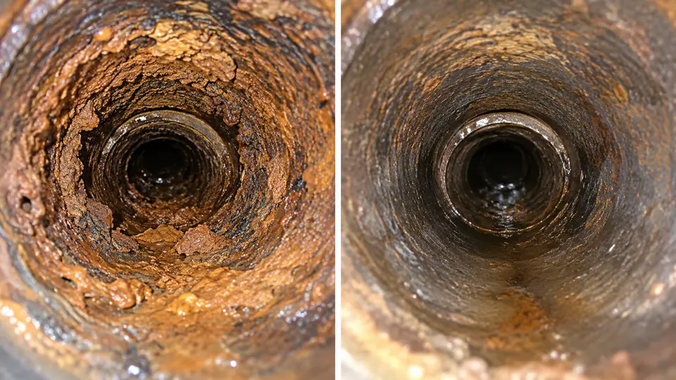 Matching views of cast iron pipe before and after rust scale removal