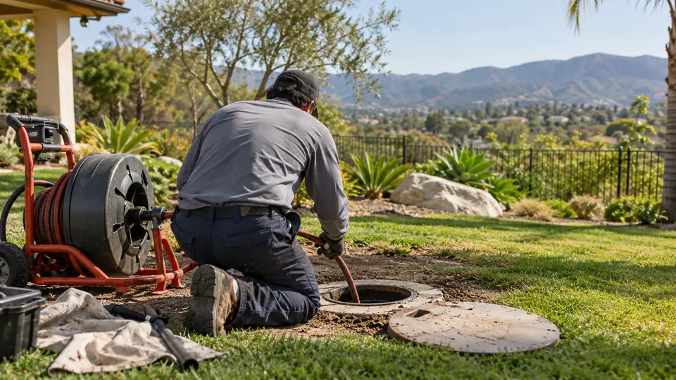 Technician clearing a yard sewer access on a residential lot