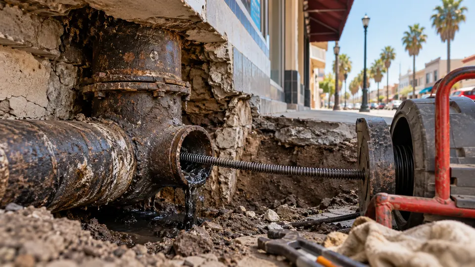 Drain cable entering an older cast iron cleanout beside a storefront