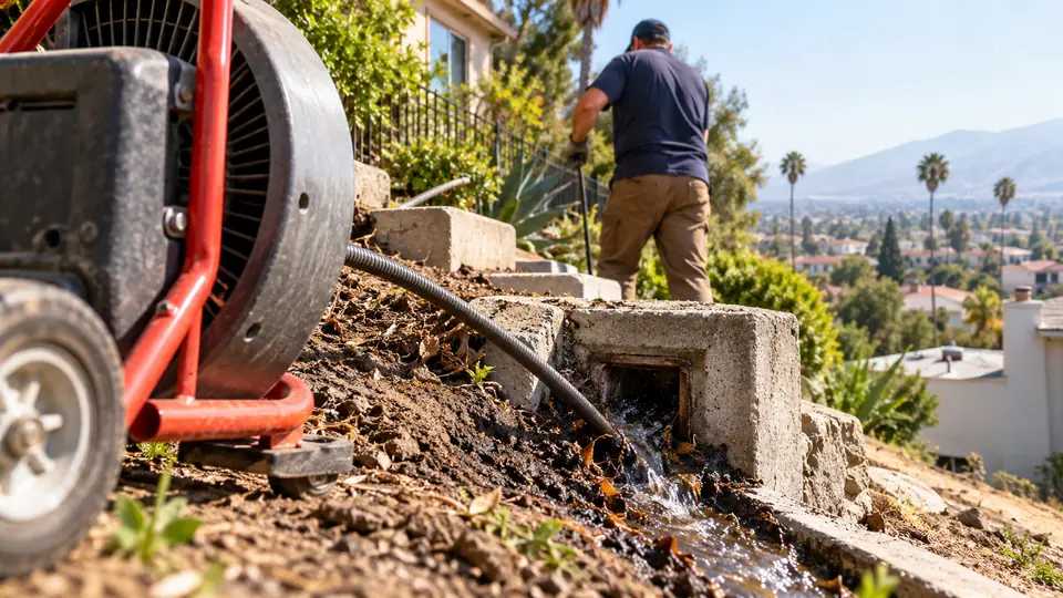 Drain cable clearing a hillside yard drain in East Colton Heights