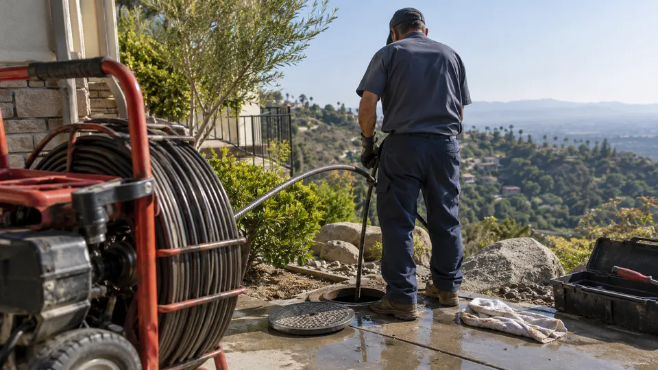 Technician working at an outdoor cleanout beside a hillside home