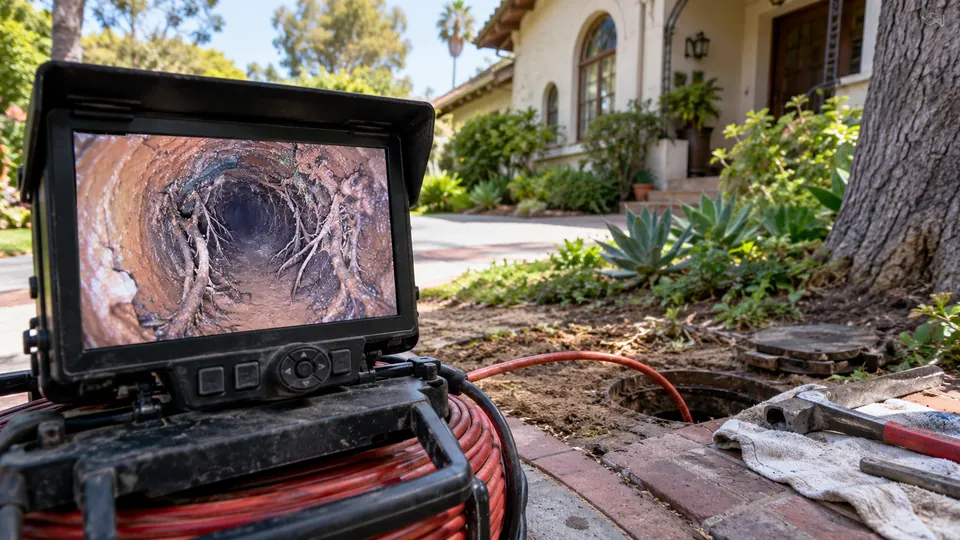 Sewer camera showing roots in a clay pipe beside an older home