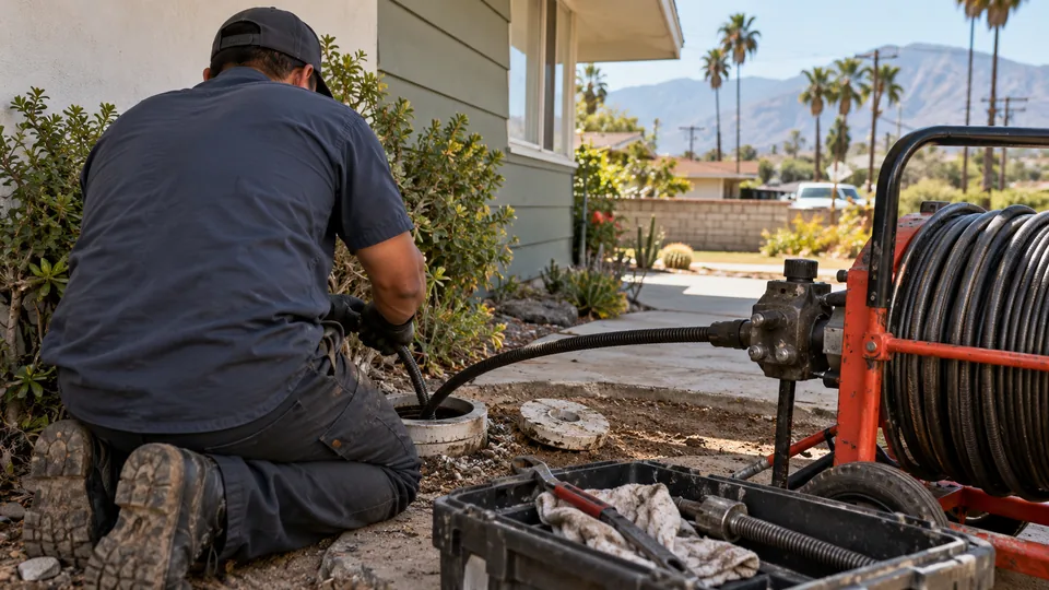 Technician clearing an exterior drain beside a mid-century home