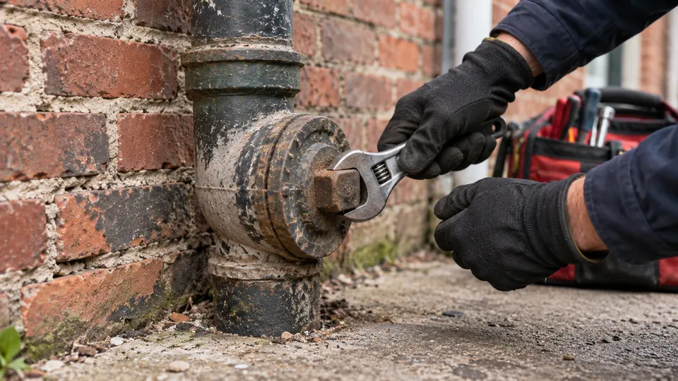 Gloved hands opening a cast iron cleanout beside a brick wall