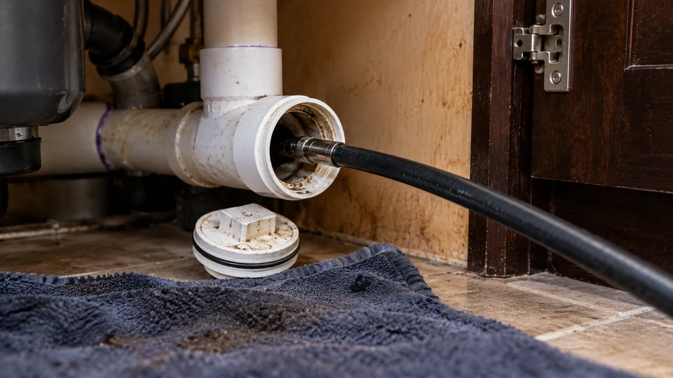 Jetting hose inserted into a kitchen branch cleanout