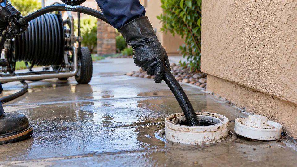 Gloved hands guiding a jetting hose into an outdoor sewer cleanout