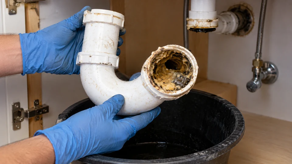 Gloved hands inspecting grease inside a removed kitchen sink trap