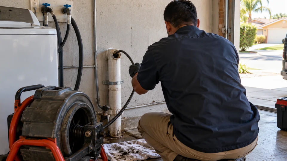 Technician clearing a washing machine drain line in a garage