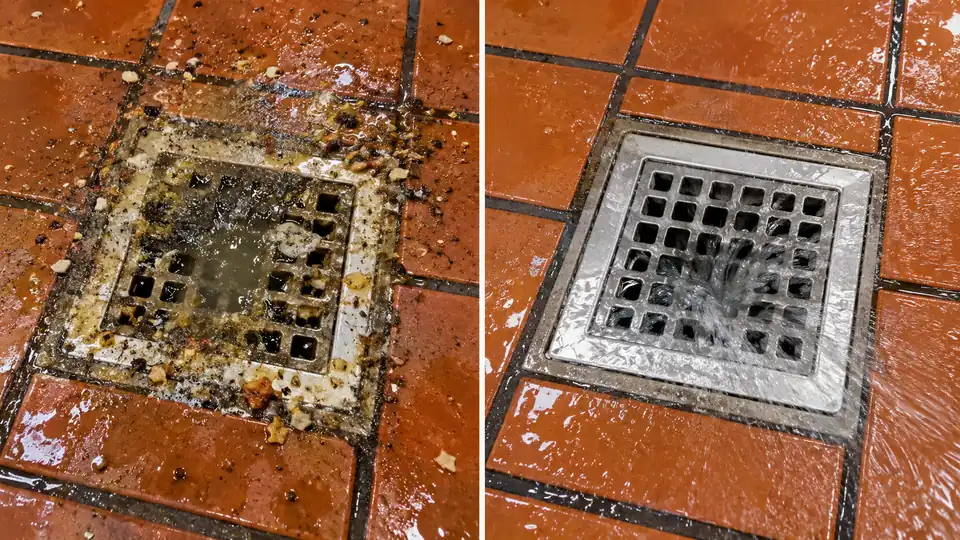 Same restaurant floor drain before and after removing grease and debris
