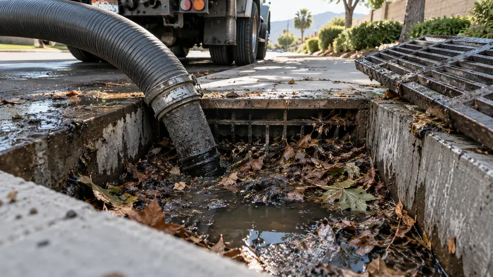 Vacuum hose removing wet leaves and mud from a storm drain basin