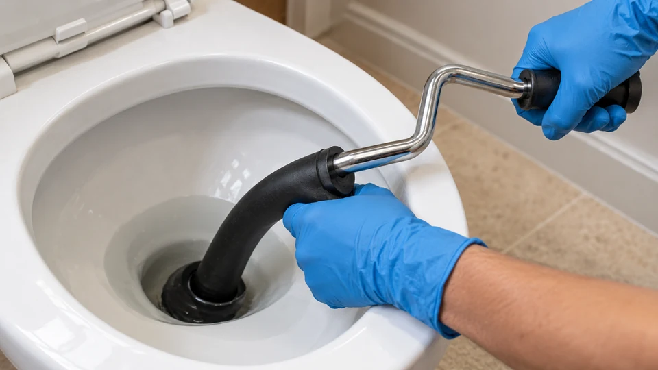 Gloved hands operating a manual closet auger in a toilet bowl